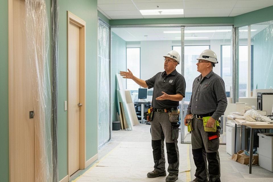 Commercial renovation site lead reviewing a protected office work area and coordinating trades with facility staff