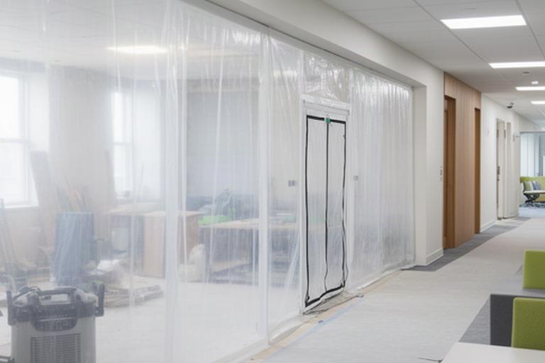 Temporary dust barriers separating an active commercial renovation zone from an occupied office corridor